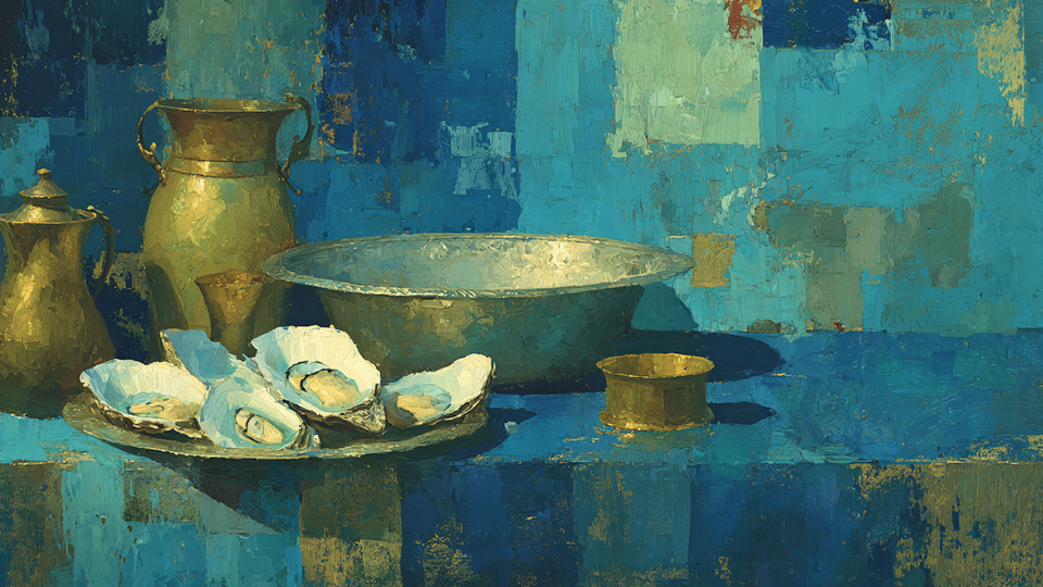 Raw Oysters Crushed Ice still life on Samsung Frame TV - 4K digital download featuring fresh oysters on silver platters with ice in steel gray and blue tones