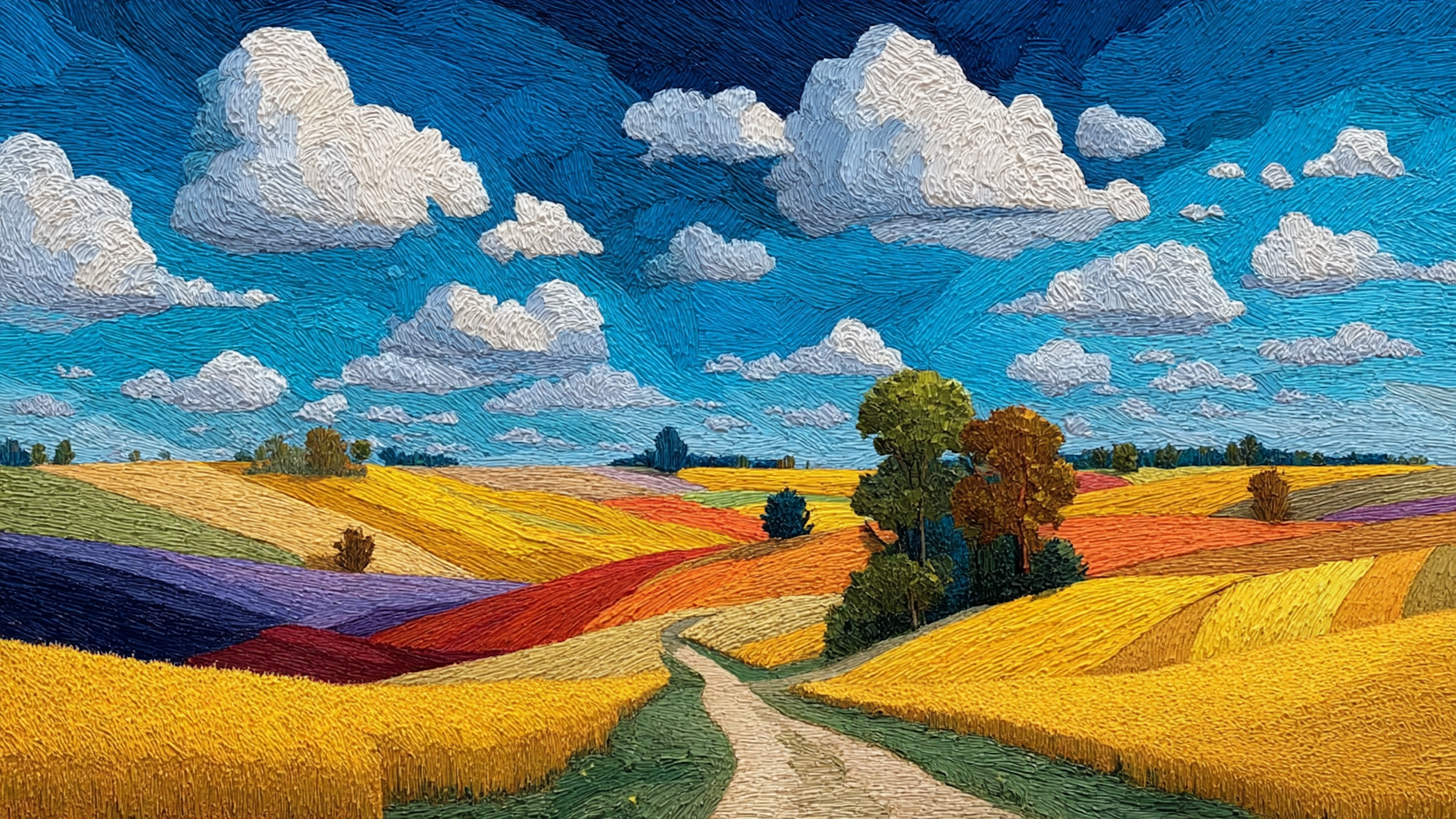 Rolling Grain Tapestry agricultural landscape displayed on Frame TV - 4K digital art featuring golden amber grain fields flowing across undulating terrain with dramatic blue sky and white clouds