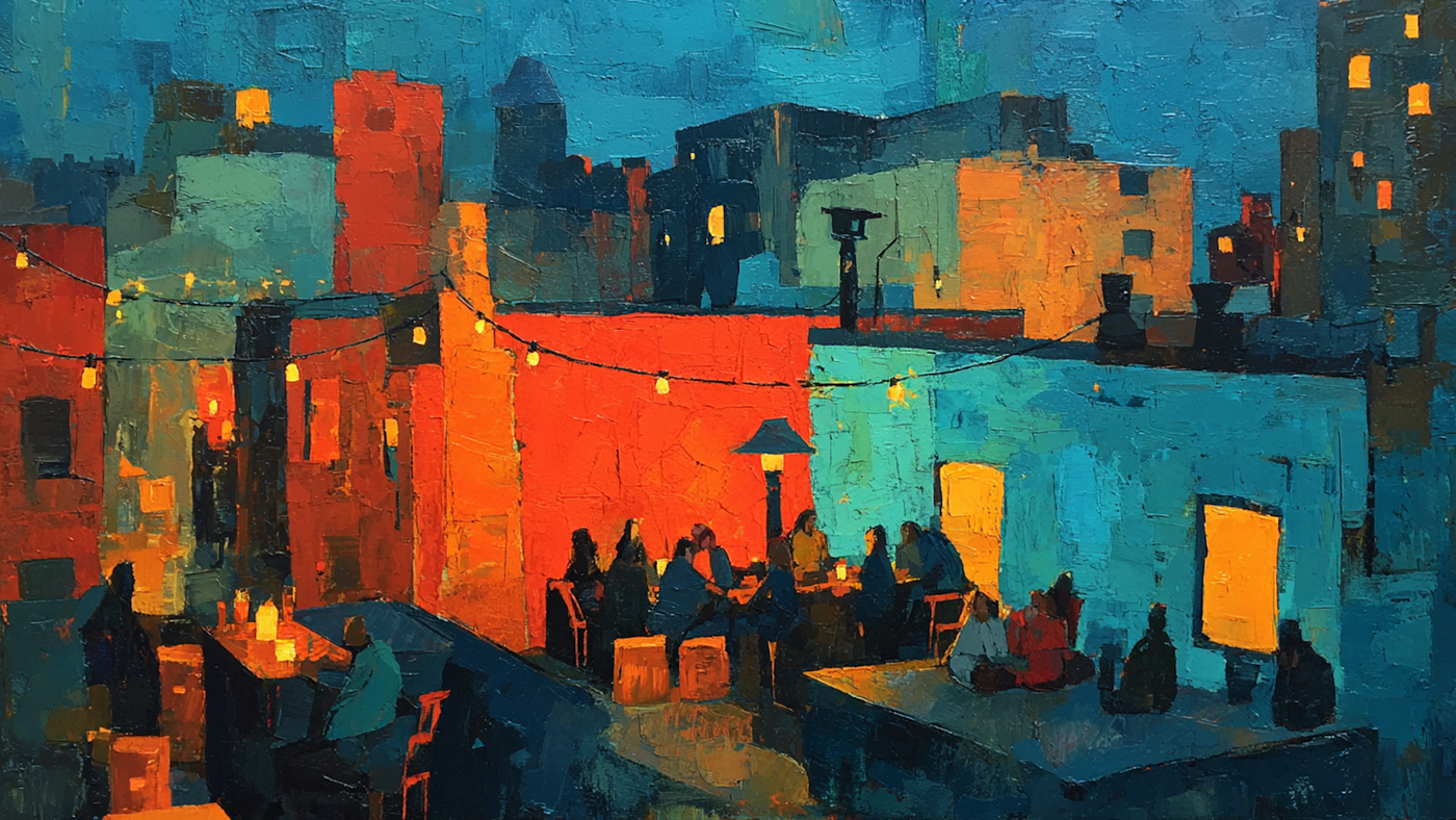 Rooftop Gathering String Lights cityscape on Samsung Frame TV - 4K digital download featuring evening terrace party with amber lights against sapphire and teal sky