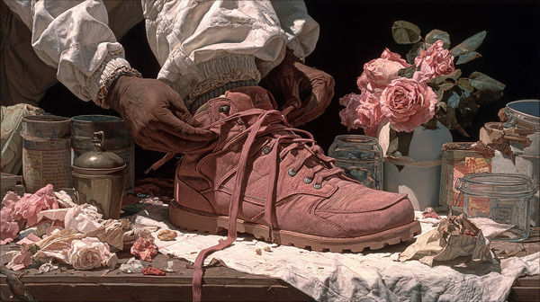 Rose Boots Unveiled hyperreal still life art displayed on Samsung Frame TV - 4K digital download featuring pink leather boots in blush and mauve tones