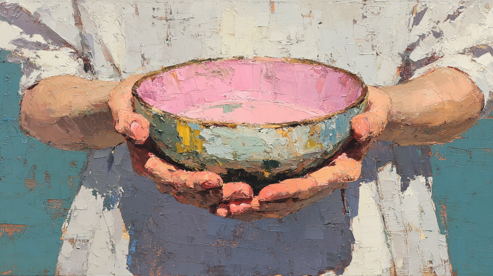 Rose Confections Held impasto pastry art displayed on Samsung Frame TV - 4K digital download featuring hands holding pink confections in blush and mauve palette