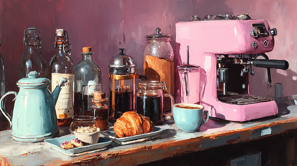 Rose Pour-Over Morning café scene displayed on Samsung Frame TV - 4K digital download featuring pour-over station in blush and mauve tones