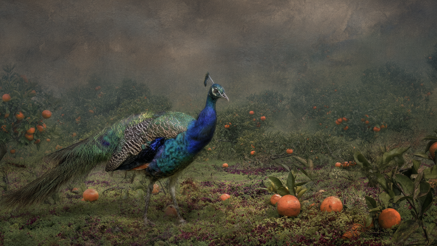 Magnificent blue peacock in misty autumn orchard with persimmons scattered on ground – digital art for Samsung Frame TV