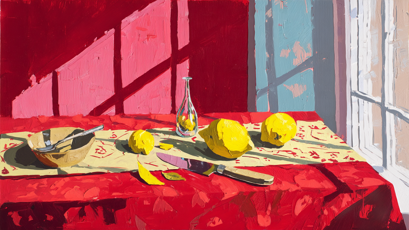 Bold kitchen scene with red tablecloth, yellow lemons and cooking implements in expressive painterly style – digital art for Samsung Frame TV