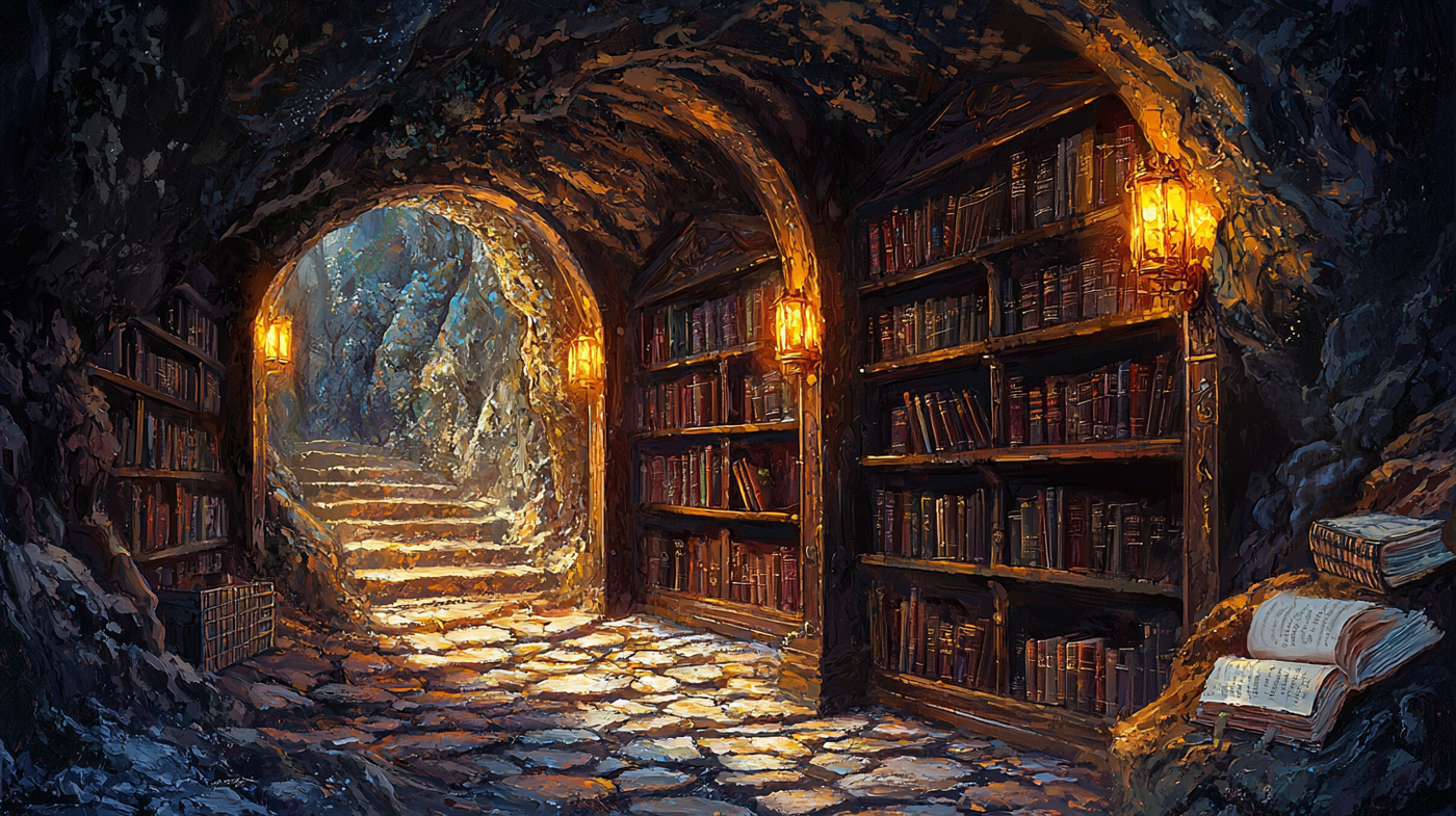 Fantasy underground library with stone walls of books and warm golden lantern light – digital art for Samsung Frame TV