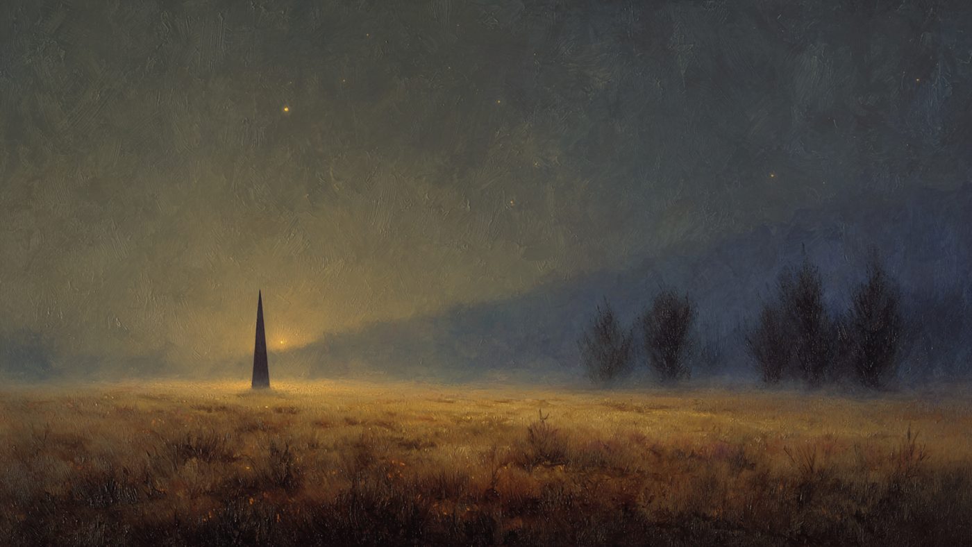 Sentinel's Twilight atmospheric tower artwork displayed on Samsung Frame TV showing mysterious spire silhouette in amber and charcoal tones