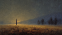 Sentinel's Twilight atmospheric tower artwork displayed on Samsung Frame TV showing mysterious spire silhouette in amber and charcoal tones