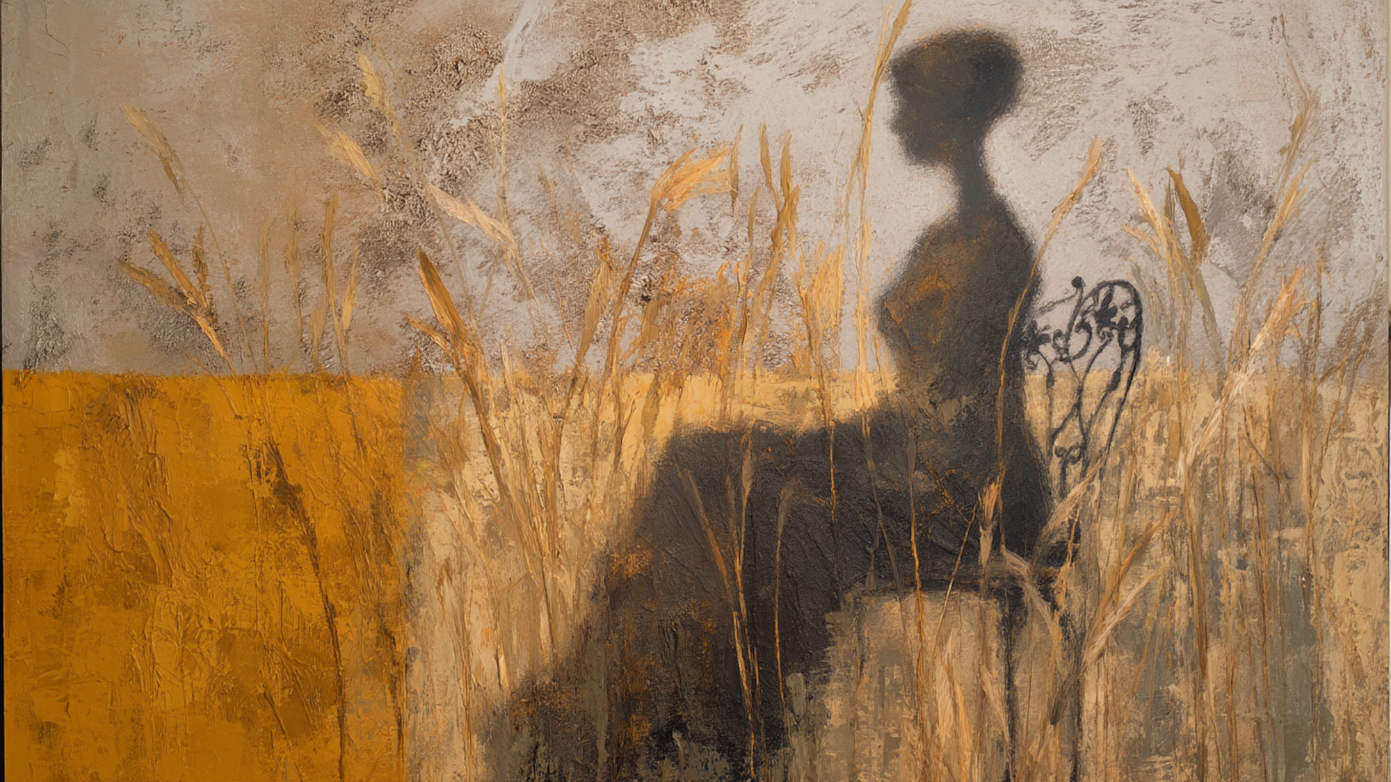 Abstract figure silhouette in textured ochre landscape with contemplative mood – digital art for Samsung Frame TV