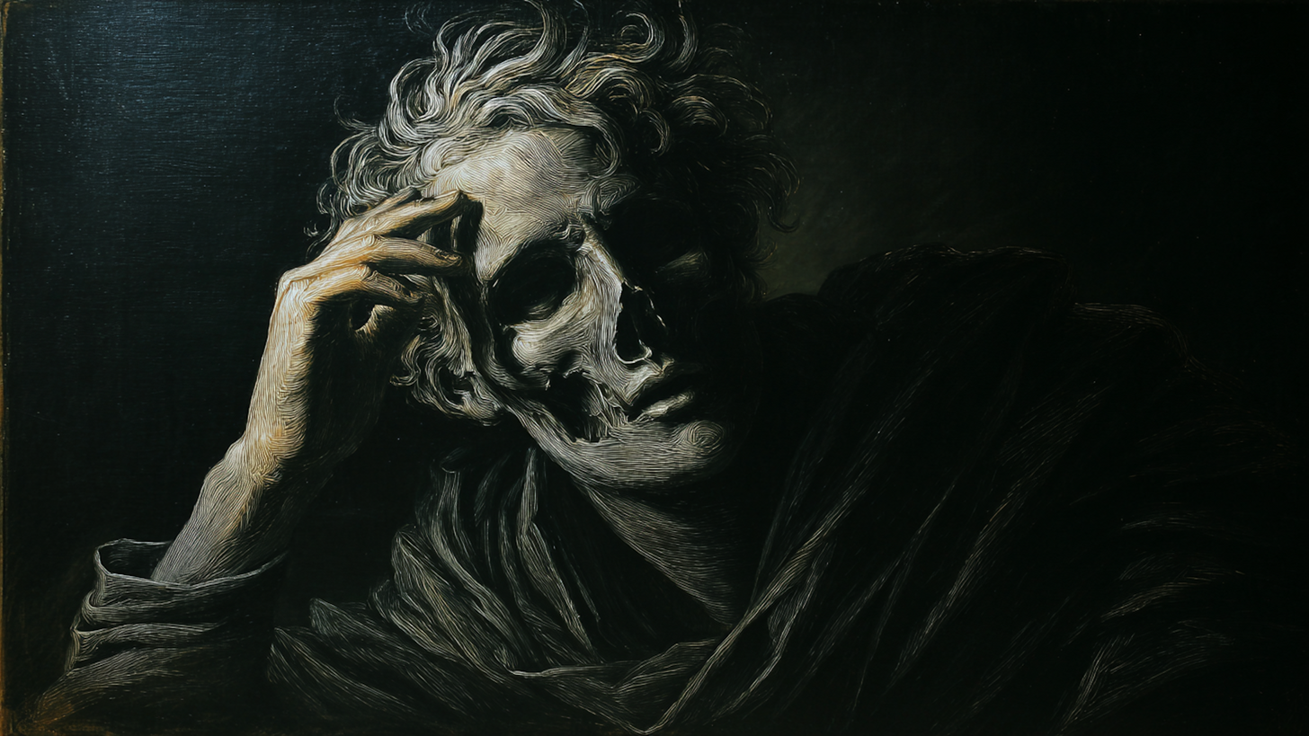 Shadow Philosopher dark portrait art displayed on Samsung Frame TV - 4K digital download featuring contemplative figure in ink and charcoal monochrome tones