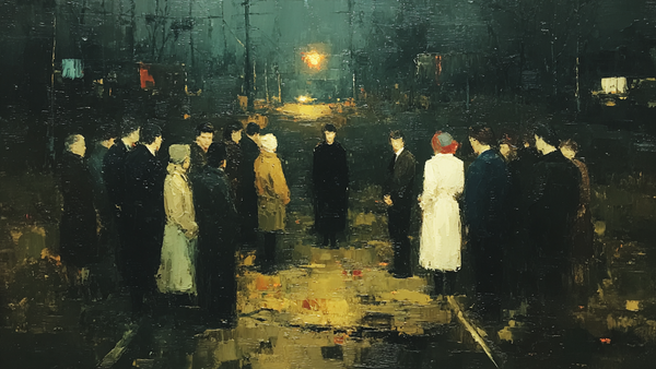 Shadows Convene nocturnal gathering displayed on Samsung Frame TV - 4K digital download featuring Goya-inspired torchlit assembly in ink and charcoal palette