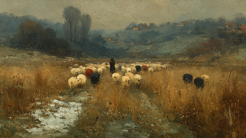 Sheep Grazing Misty Morning