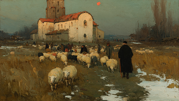 Shepherd Crook Whitewashed Barn pastoral scene on Samsung Frame TV - 4K digital download featuring rural flock in soft cream white and warm taupe tones