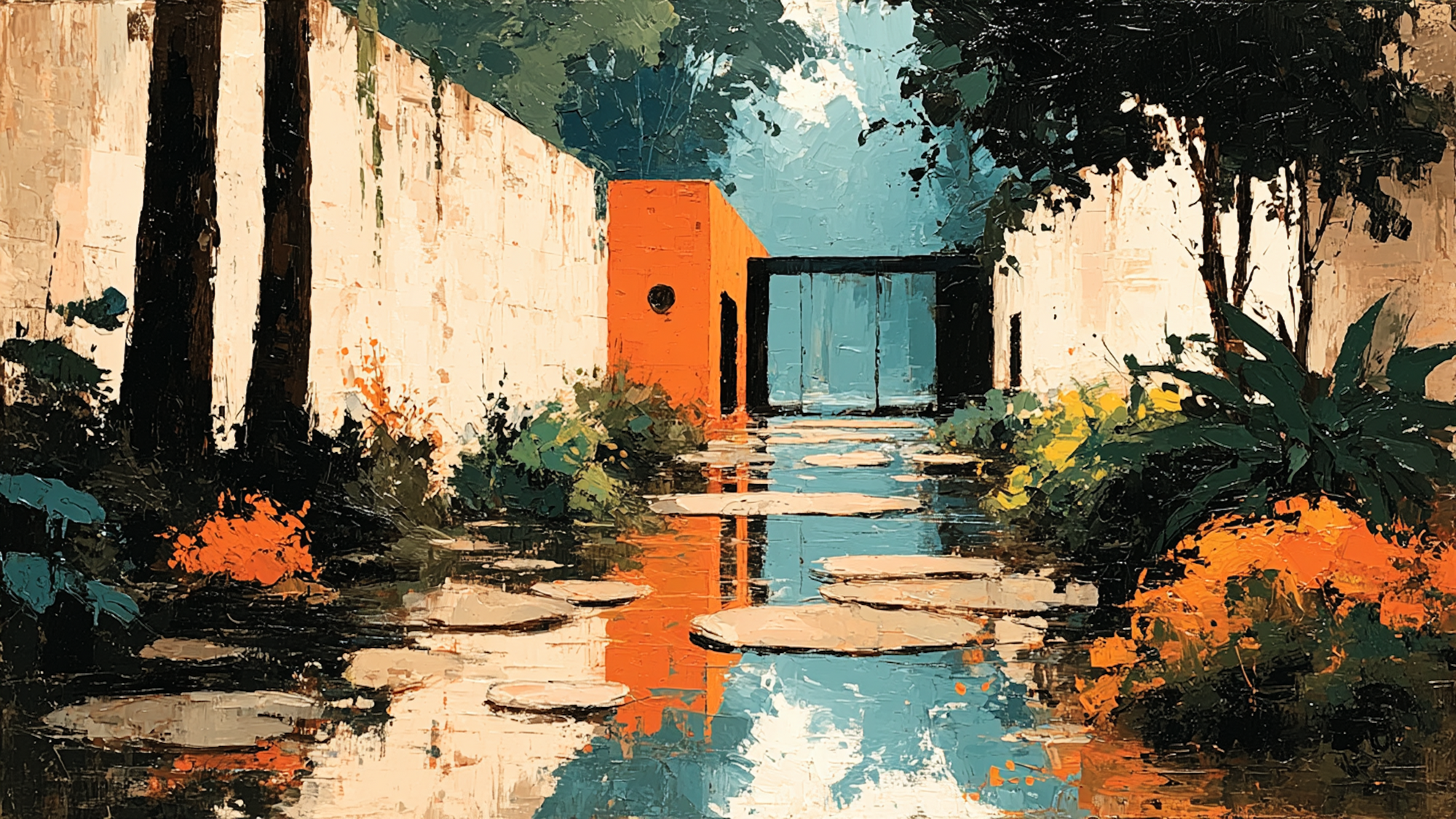 Mediterranean desert courtyard with orange terracotta buildings turquoise pool cypress trees and winding pathways in warm afternoon light