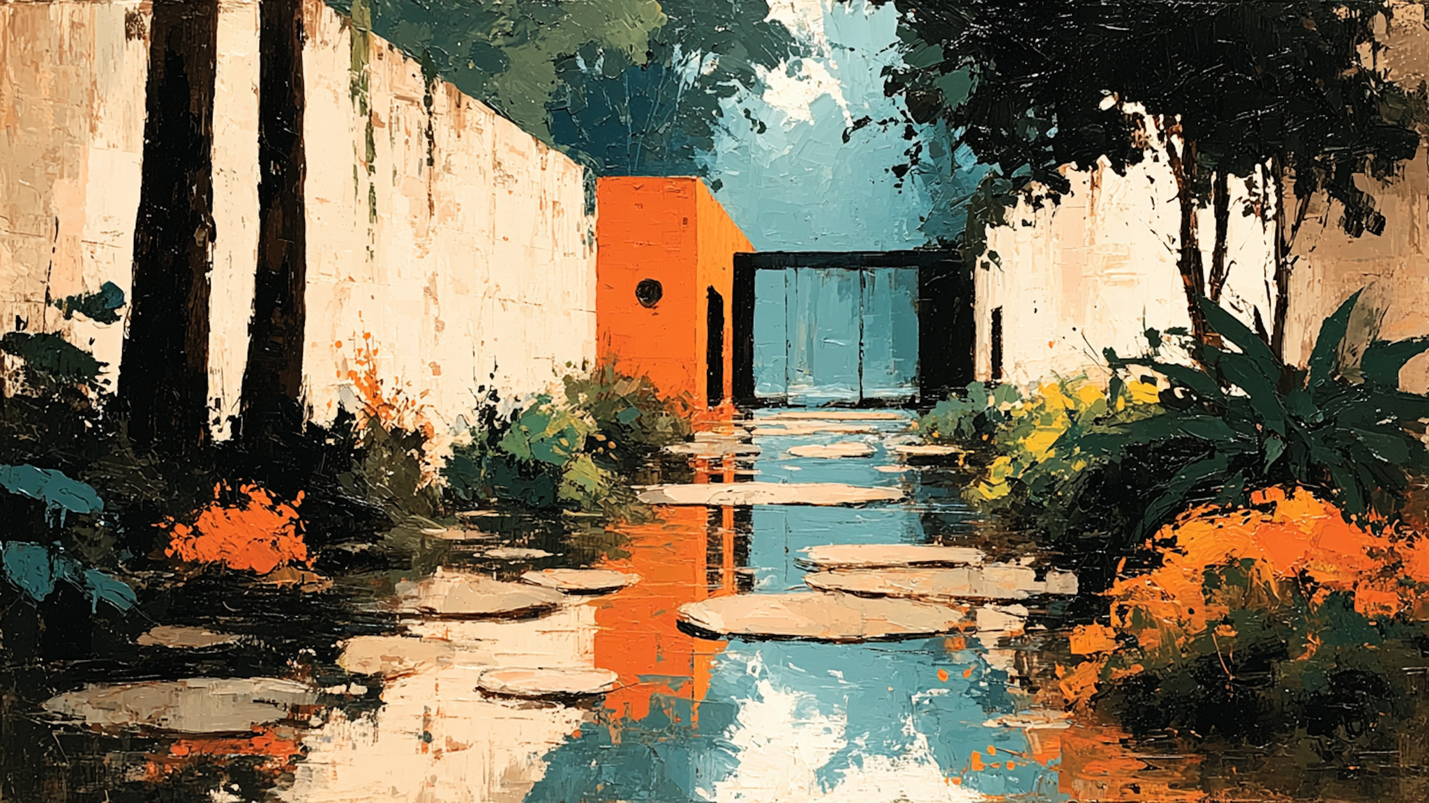Mediterranean desert courtyard with orange terracotta buildings turquoise pool cypress trees and winding pathways in warm afternoon light