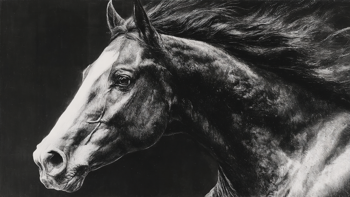 Dramatic black and white portrait of horses showing power and grace with windswept manes and muscular forms in high contrast