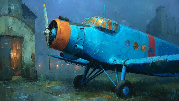 Silver Propeller Plane Tarmac aviation scene on Samsung Frame TV - 4K digital download featuring vintage aircraft in misty steel-blue atmosphere