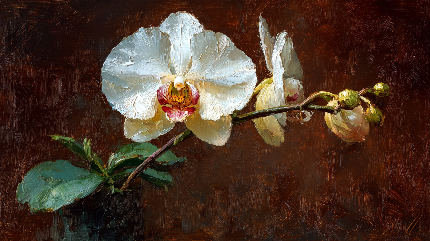 Elegant single white orchid with dramatic lighting against black background in minimalist botanical style – digital art for Samsung Frame TV