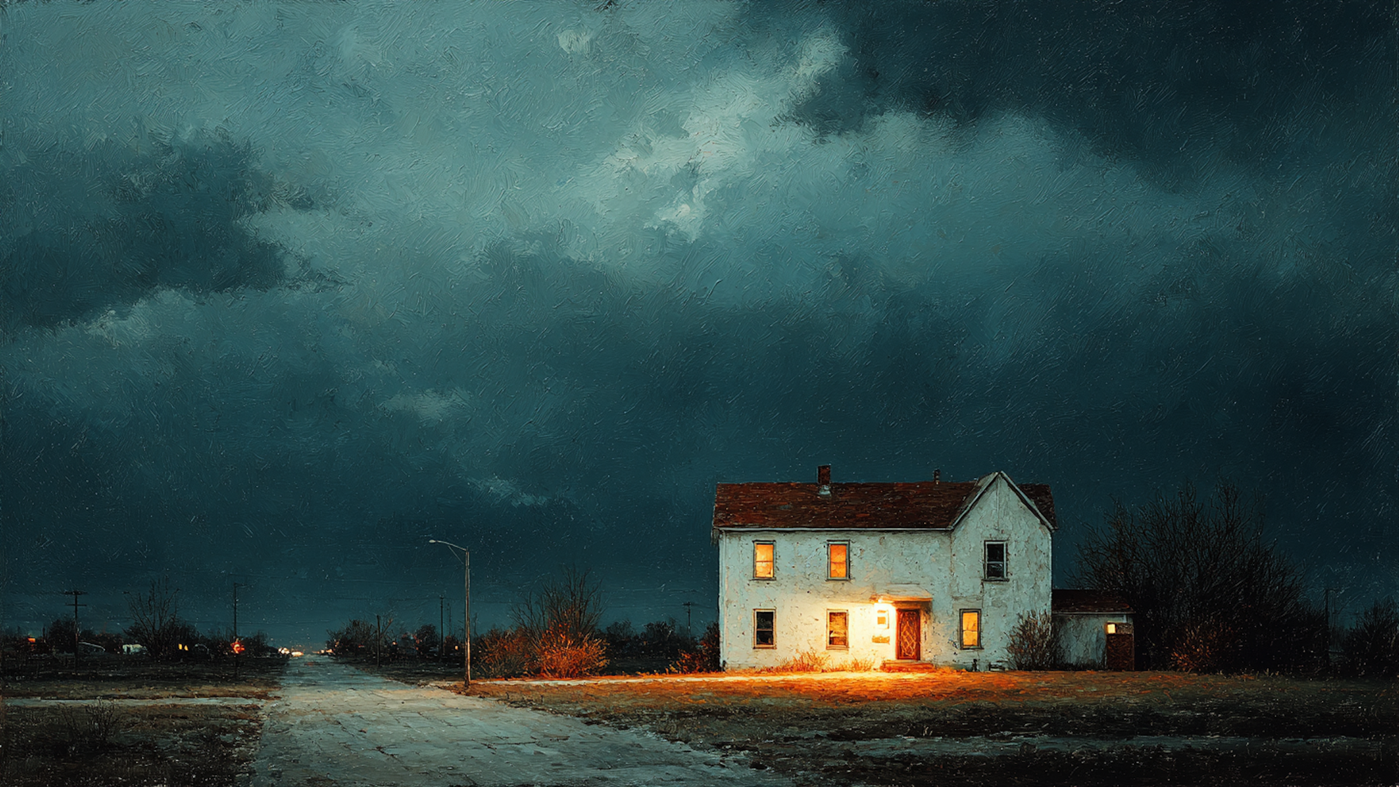 Solitary Beacon atmospheric landscape on Samsung Frame TV - 4K digital download featuring white house under dramatic teal-turquoise stormy sky with ocean and sky palette