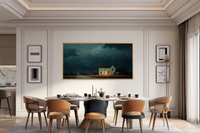 Solitary Beacon atmospheric landscape on Samsung Frame TV - 4K digital download featuring white house under dramatic teal-turquoise stormy sky with ocean and sky palette