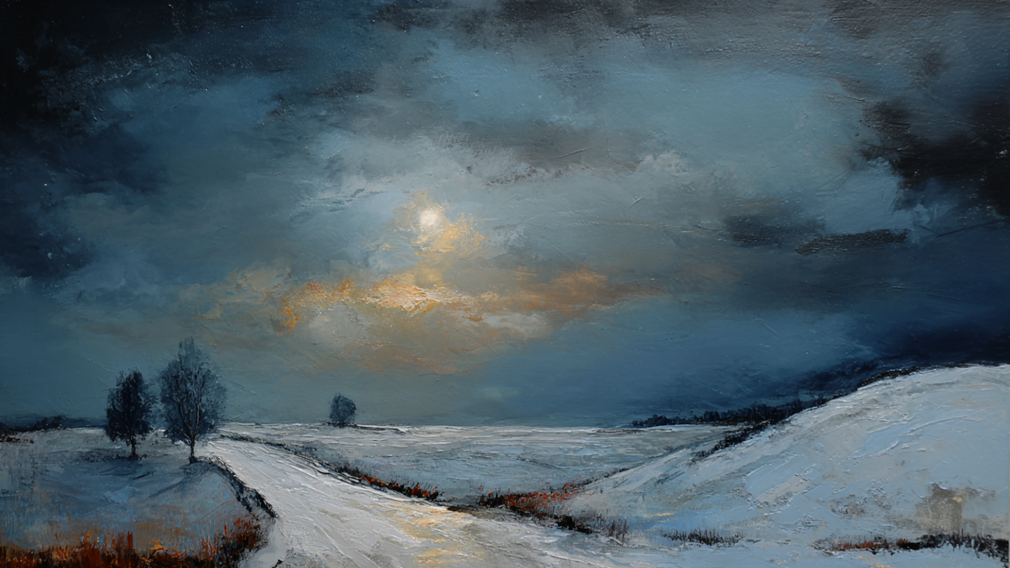 Solstice Mountain Vista landscape detail - winter mountain scene for Samsung Frame TV and HiSense CanvasTV featuring dramatic sunset light on snowy peaks with blue storm clouds