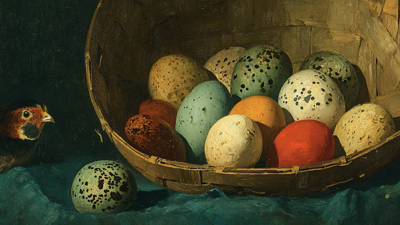 Speckled Quail Eggs Basket still life displayed on Samsung Frame TV - 4K digital download featuring Dutch-style painting of speckled eggs in woven basket
