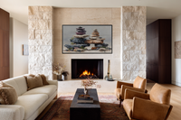 Stacked Stillness zen stone cairn oil painting displayed on Samsung Frame TV - 4K digital download featuring balanced weathered stones in warm stone and linen neutral palette