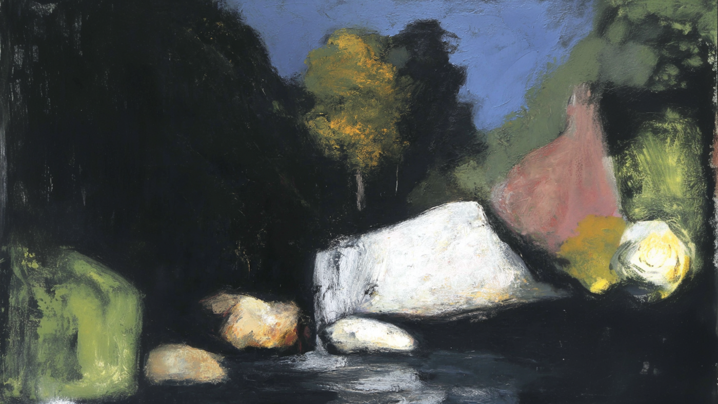 Stone and Shadow – Moody digital landscape with glowing boulders and forest edge under a dusky sky, formatted for Samsung Frame TV in 4K resolution