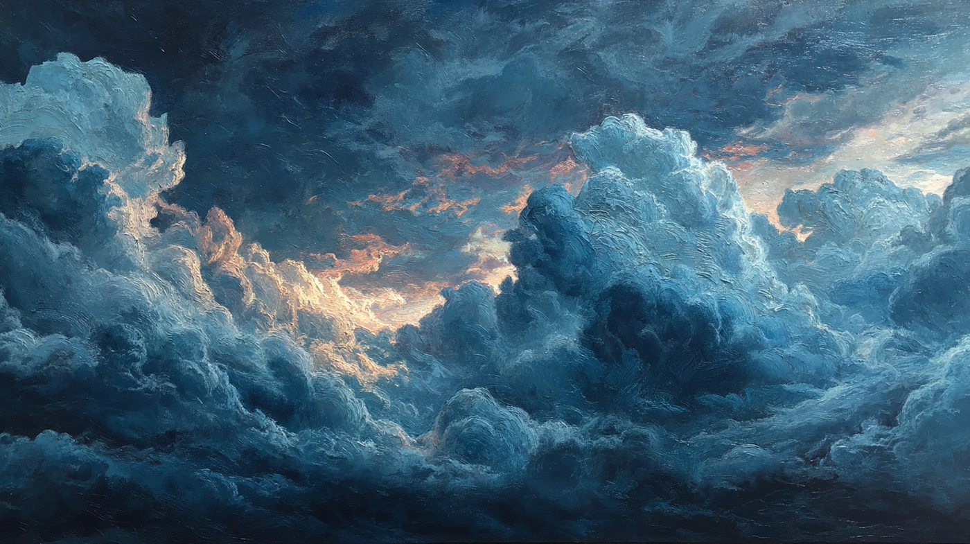 Classical oil painting style storm clouds in dramatic grays and silver with turbulent atmospheric movement – digital art for Samsung Frame TV