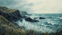 Storm Coast – Rugged digital painting of waves crashing into black cliffs under a stormy sky, optimized for Samsung Frame TV