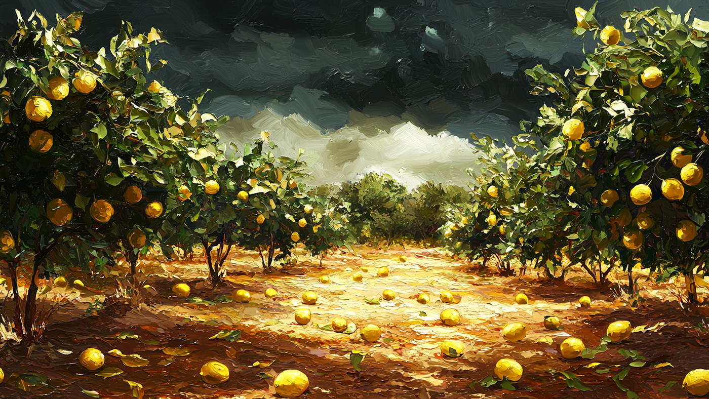Storm Over the Orchard – Mediterranean lemon grove landscape with stormy skies, golden citrus trees, and rich oil painting texture for Samsung Frame TV

