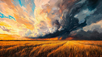 Stormburst Horizon – Fiery sky and golden wheat field meet in this dramatic impasto-style landscape, formatted for Samsung Frame TV