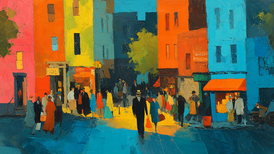 Street Corner Reflections modernist scene displayed on Samsung Frame TV - 4K digital download featuring Stuart Davis-inspired urban crosswalk