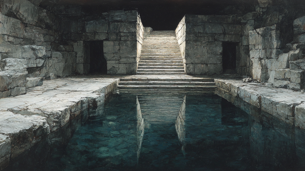 Sunken Chamber displayed on Samsung Frame TV - 4K digital download featuring pale stone stairs rising from a still sunken pool