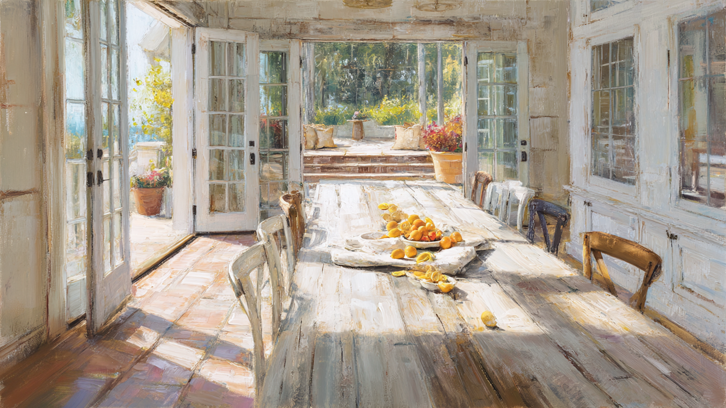 Bright French country dining room with white furniture, natural light and citrus details – digital art for Samsung Frame TV
