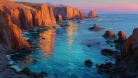 Peaceful sunset cove with coral light reflecting on tranquil waters surrounded by protective cliffs – 4K digital art for Samsung Frame TV and HiSense CanvasTV