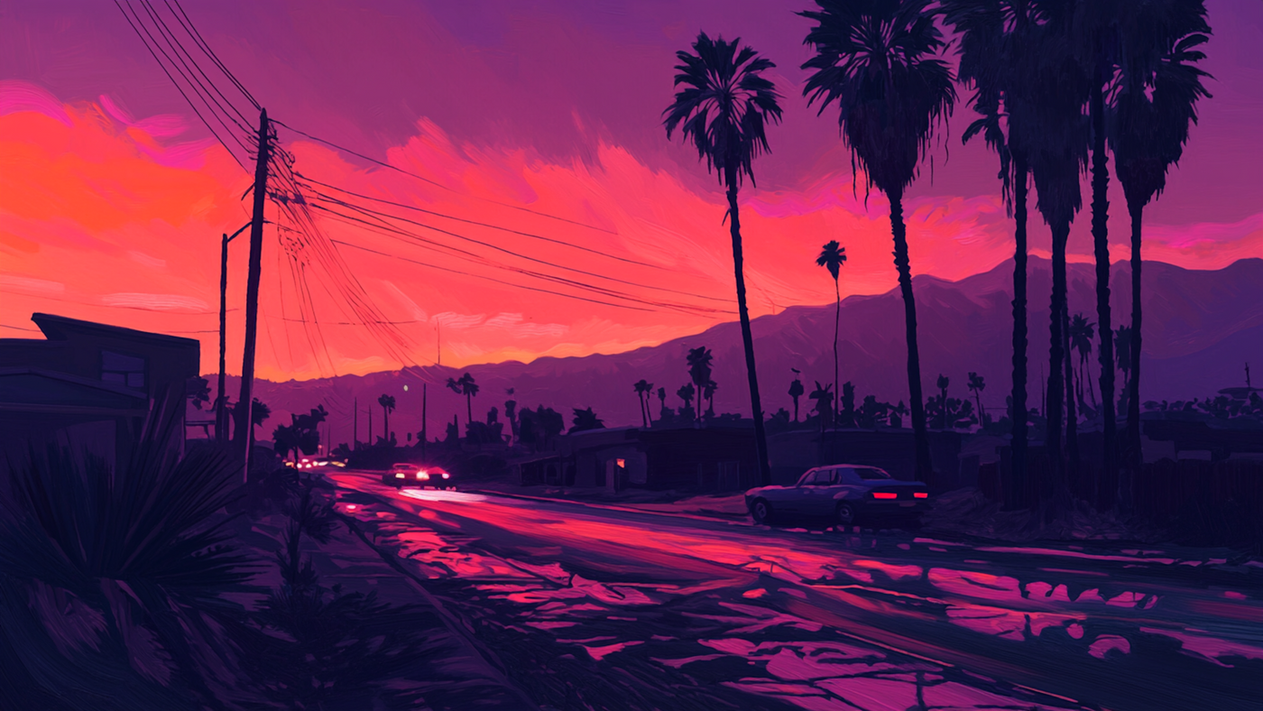 Sunset Drive – Neon-colored California street scene with palm trees, glowing road reflections, and retro cars at dusk, formatted for Samsung Frame TV in 4K