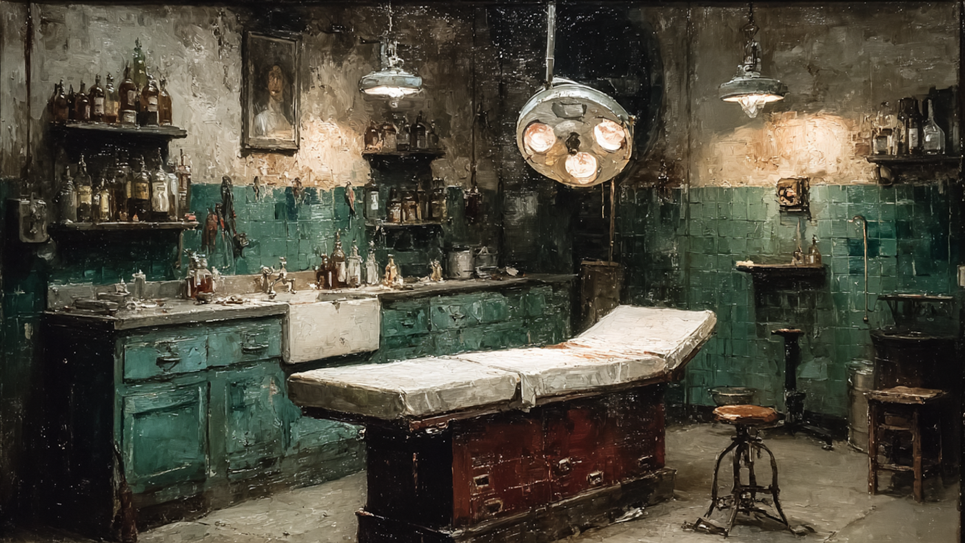 Surgical Theatre Thomas Eakins inspired operating room scene displayed on Samsung Frame TV - 4K digital download featuring medical figures in warm stone and linen neutral palette