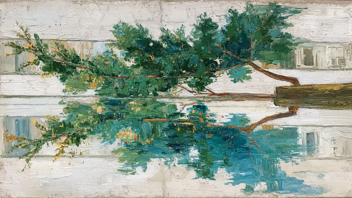 Suspended Canopy Georg Baselitz inspired inverted tree landscape displayed on Samsung Frame TV - 4K digital download featuring green foliage and water reflection in stone and linen palette