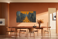 Tangerine Skyline Georg Baselitz inspired inverted cityscape displayed on Samsung Frame TV - 4K digital download featuring urban crowds under blazing amber and terracotta orange sky