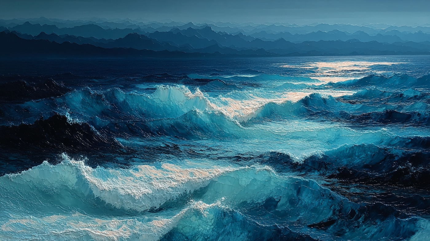 Dynamic ocean seascape with powerful blue waves surging toward stormy sky in dramatic maritime composition – digital art for Samsung Frame TV