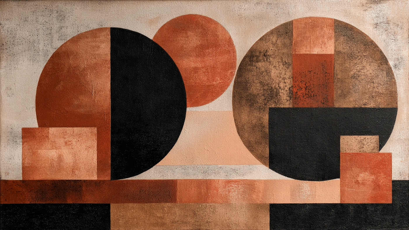 Contemporary abstract geometric composition with terracotta rust, charcoal and cream organic shapes – digital art for Samsung Frame TV