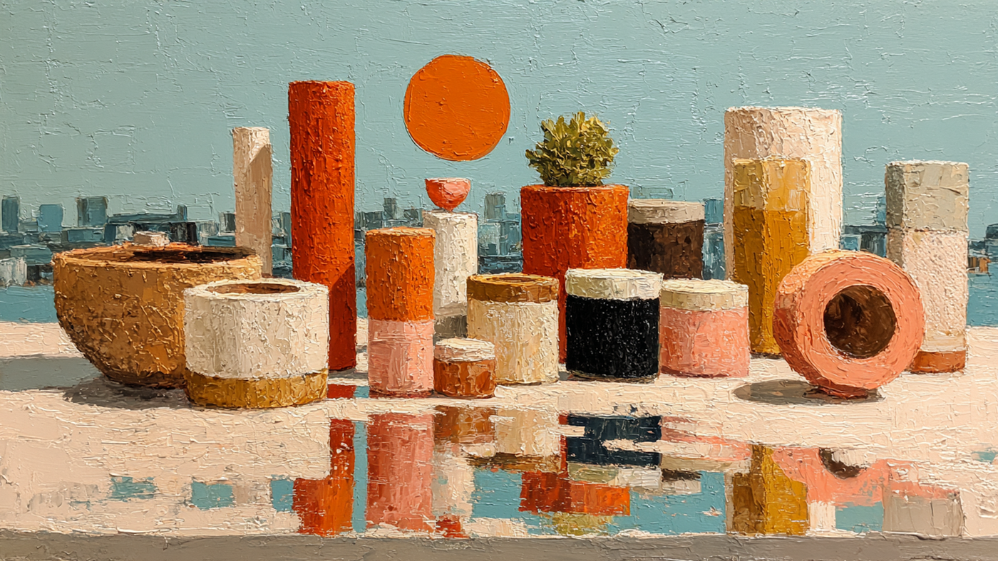 Terracotta Meditation abstract still life art displayed on Samsung Frame TV - 4K digital download featuring amber and terracotta vessels and geometric forms in warm earth tones