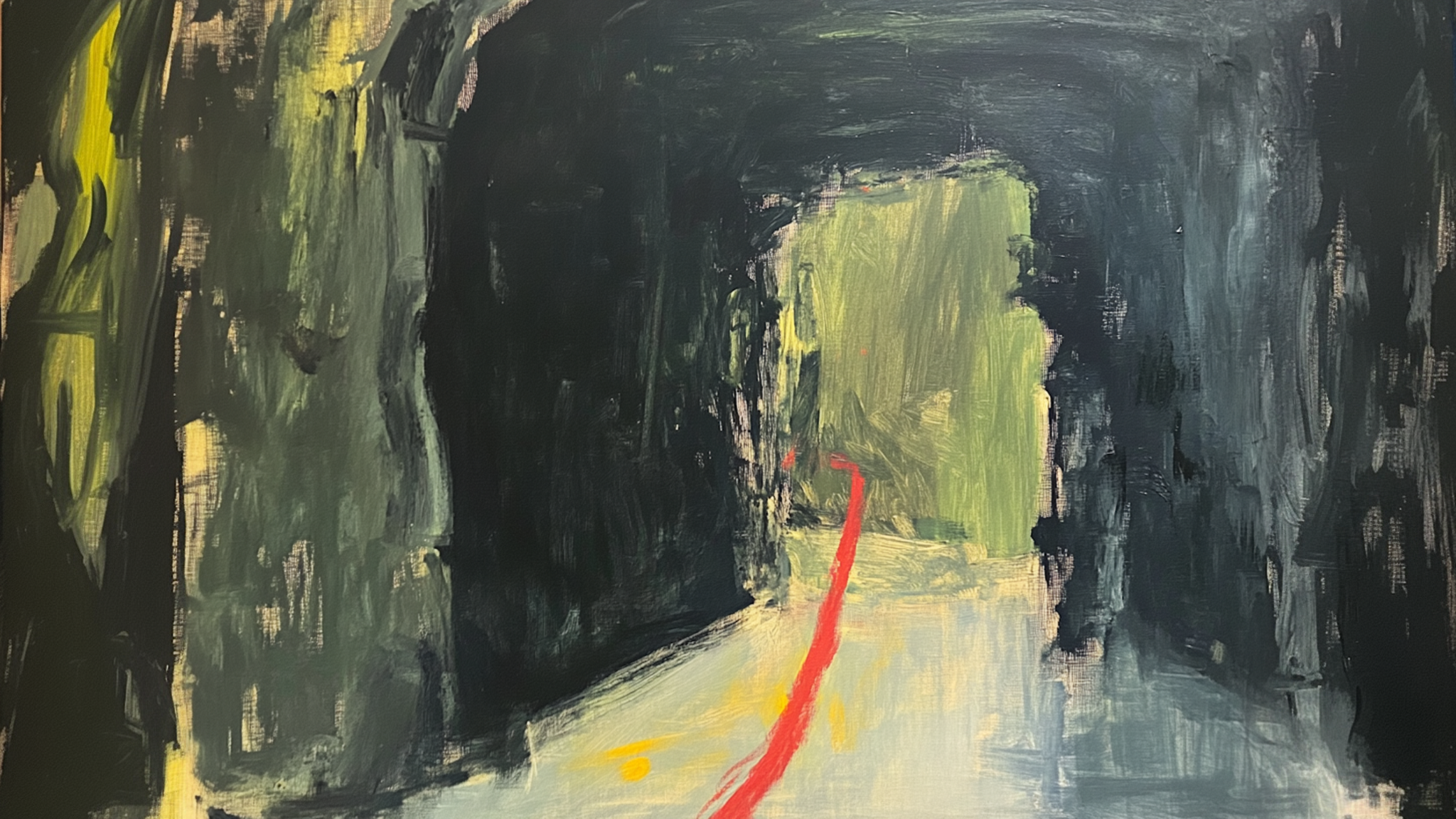 The Line Through digital painting featuring a dark abstract tunnel with a single red line leading toward light, formatted for Samsung Frame TV.
