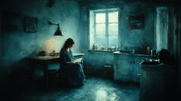 The Blue Kitchen displayed on Samsung Frame TV - 4K digital download featuring a woman reading at night in a small blue flagstone kitchen