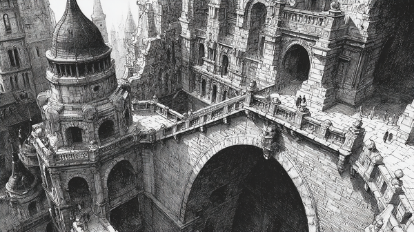 The Bridge Keep displayed on Samsung Frame TV - 4K digital download featuring a cross-hatched fantasy stone citadel with towers and high bridge