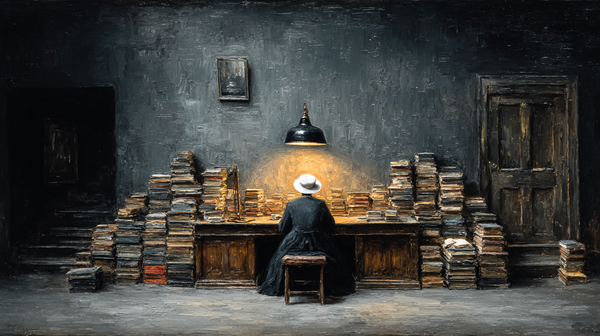 The Cataloguer displayed on Samsung Frame TV - 4K digital download featuring a lone figure at a lamplit desk surrounded by stacks of books