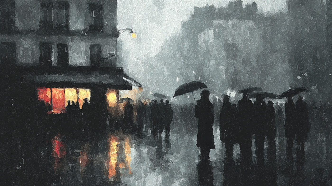 The Seine in Gray Paris rain displayed on Samsung Frame TV - 4K digital download featuring rainy river scene in ink and charcoal palette