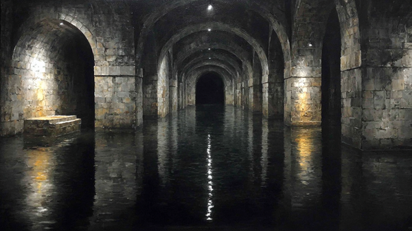 The Vaulted Cistern displayed on Samsung Frame TV - 4K digital download featuring an underground vaulted stone cistern in ink and charcoal