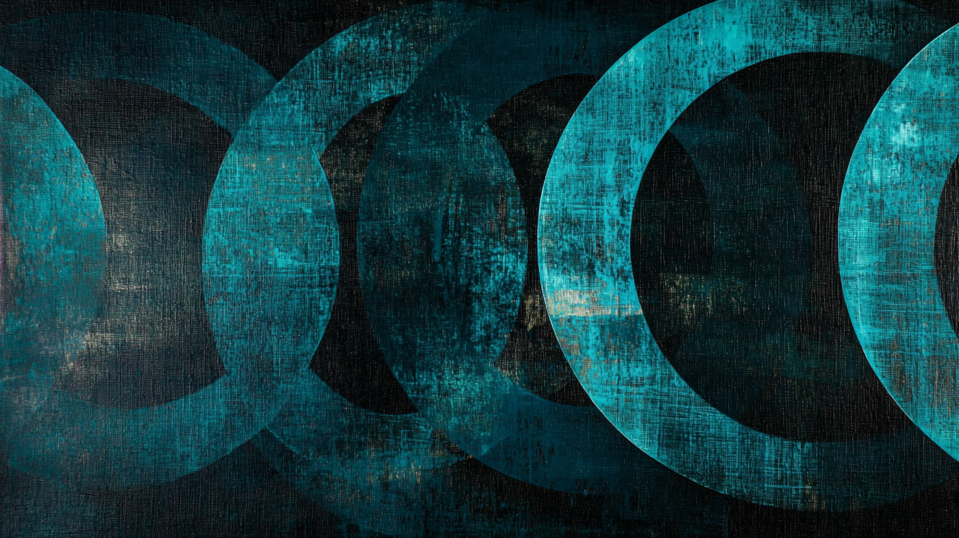 Abstract composition with weathered turquoise circular forms floating on deep teal textured background – digital art for Samsung Frame TV