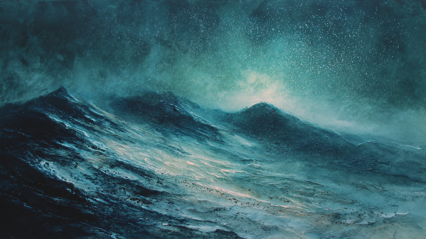 Tidal Symphony ocean waves artwork displayed on Samsung Frame TV showing dynamic blue and teal waves with dramatic stormy sky elements